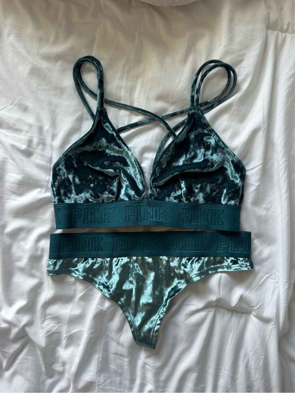 PINK Victoria's Secret Velvet Crisscross Bralette & Bikini Set - Teal
